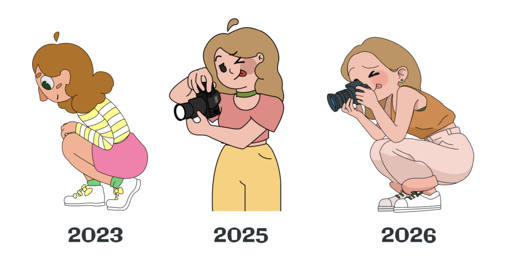 Trois personnages dessinés en 2023, 2025 et 2026